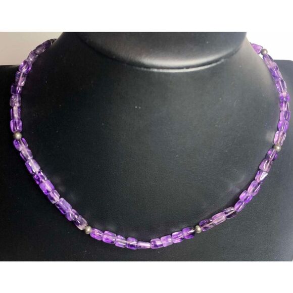 1468 Vintage rectangle Amethyst Bead & Sterling Silver 925 Necklace 18" - Picture 1 of 3